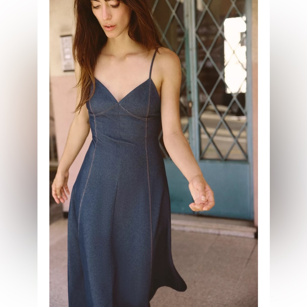 ZARA TOPSTITCHED TWILL MIDI DRESS